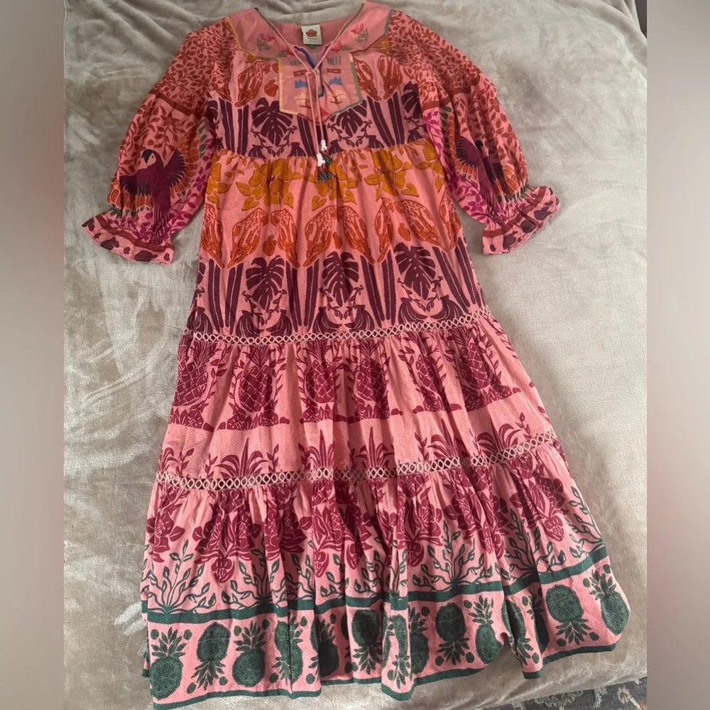 Farm Rio Pink Anika Macaws Maxi Dress XL Tropical Resort Boho Luxury - Picture 3 of 13